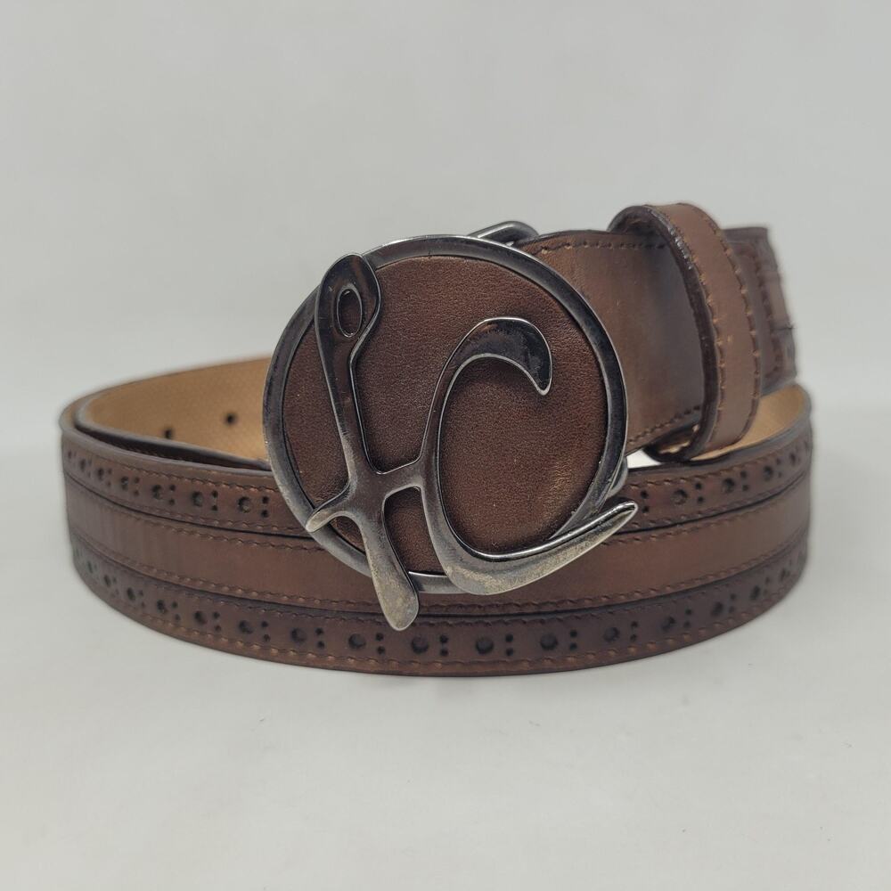 Cuadra Belt Mens 34 Brown Leather Western Logo Buckle Cowboy Rodeo Perforated